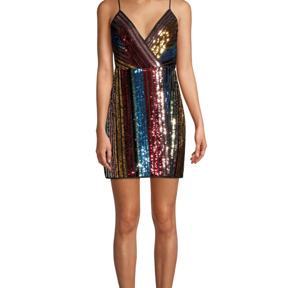 BCBG MaxAzria Rainbow Stripe Sequin Cocktail Dress